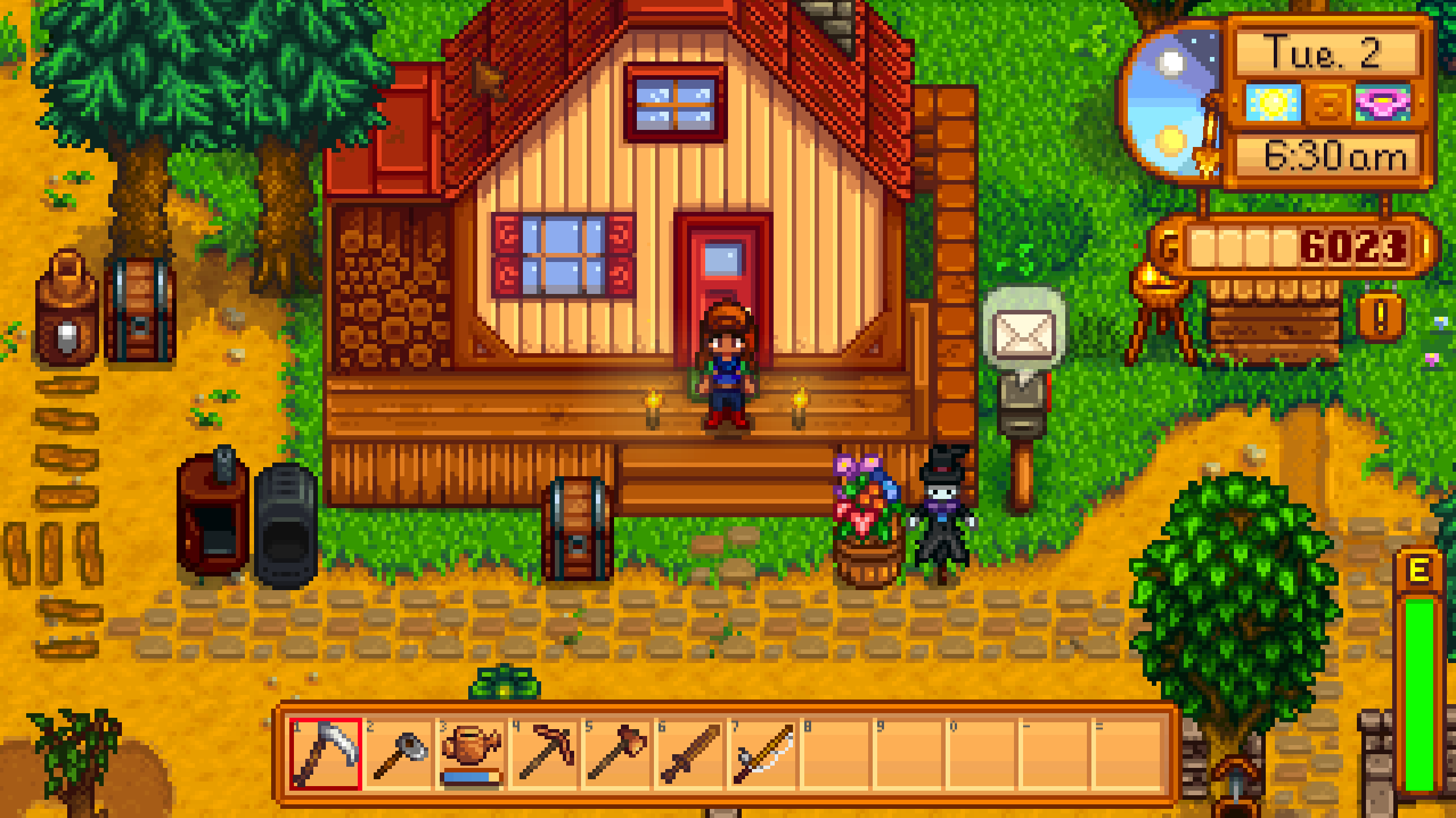 My home in Stardew Valley, including a picture of the cutest Turnip Head and my mail-in-mailbox notification.