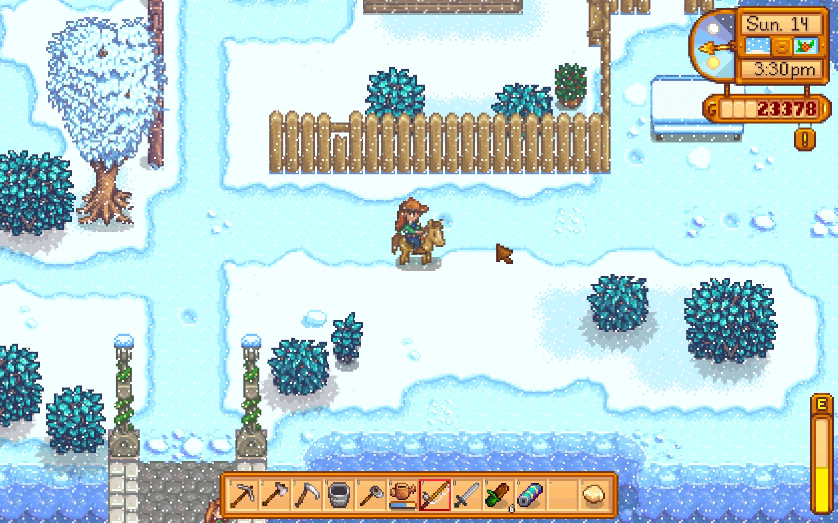 A screenshot of my player character riding a horse in Stardew Valley