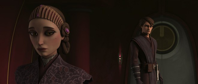 Screenshot of Anakin and Padme from the animated Clone Wars series.