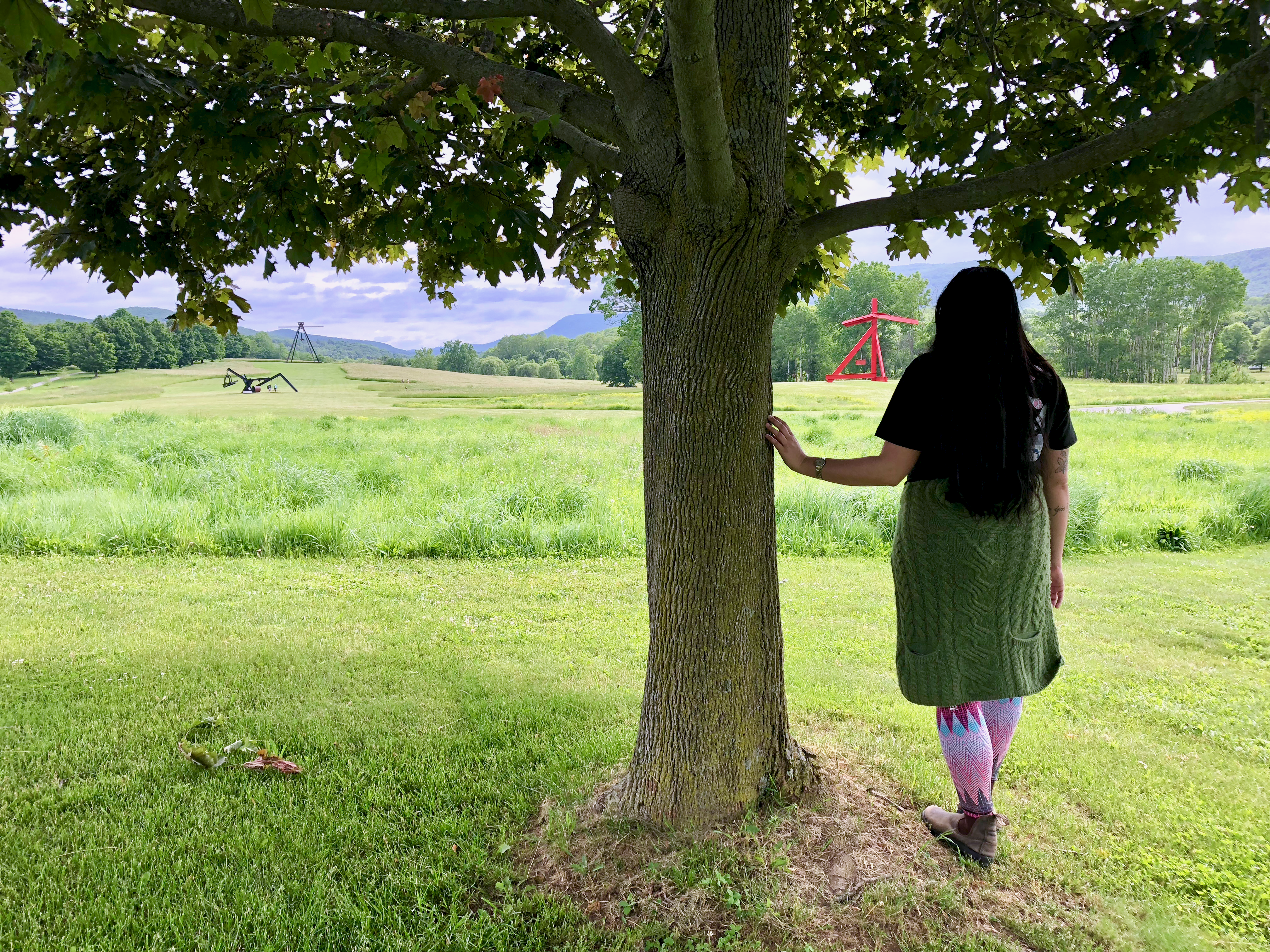 Background: of a field in a valley, with three giant architectural sculptures by Mark di Suvero in the middle. Foreground: Me standing next to a tree.