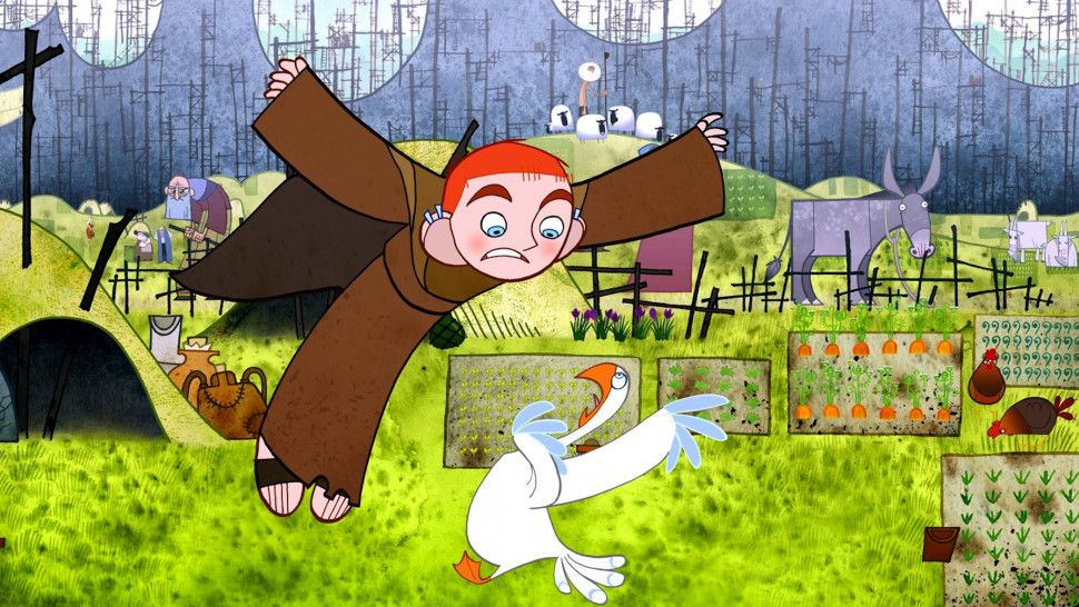 A still from the 2009 animated film The Secret of Kells, where a young boy in an Irish monastery in either the 9th or 10th century is tasked with plucking more feathers from a most unwilling goose so that the monks may continue their work illuminating (illustrating) Bibles. 