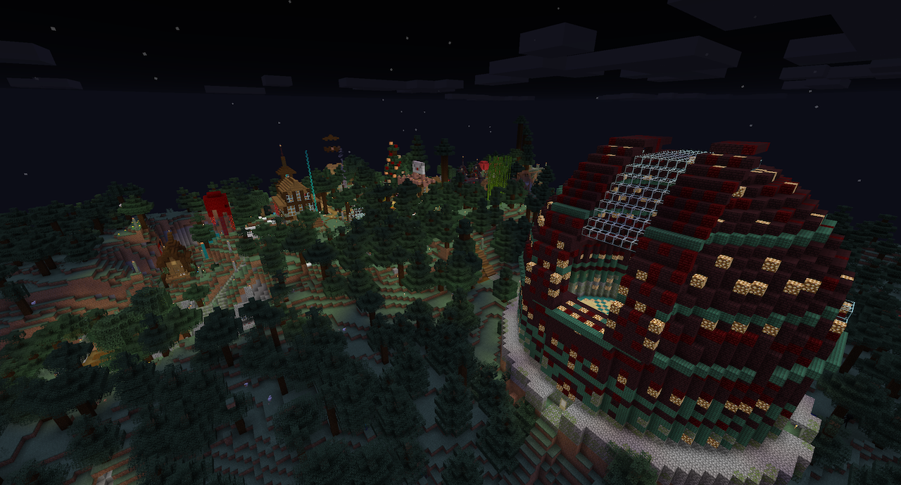 A screenshot of the lanscape of the spawn area on my Minecraft server.