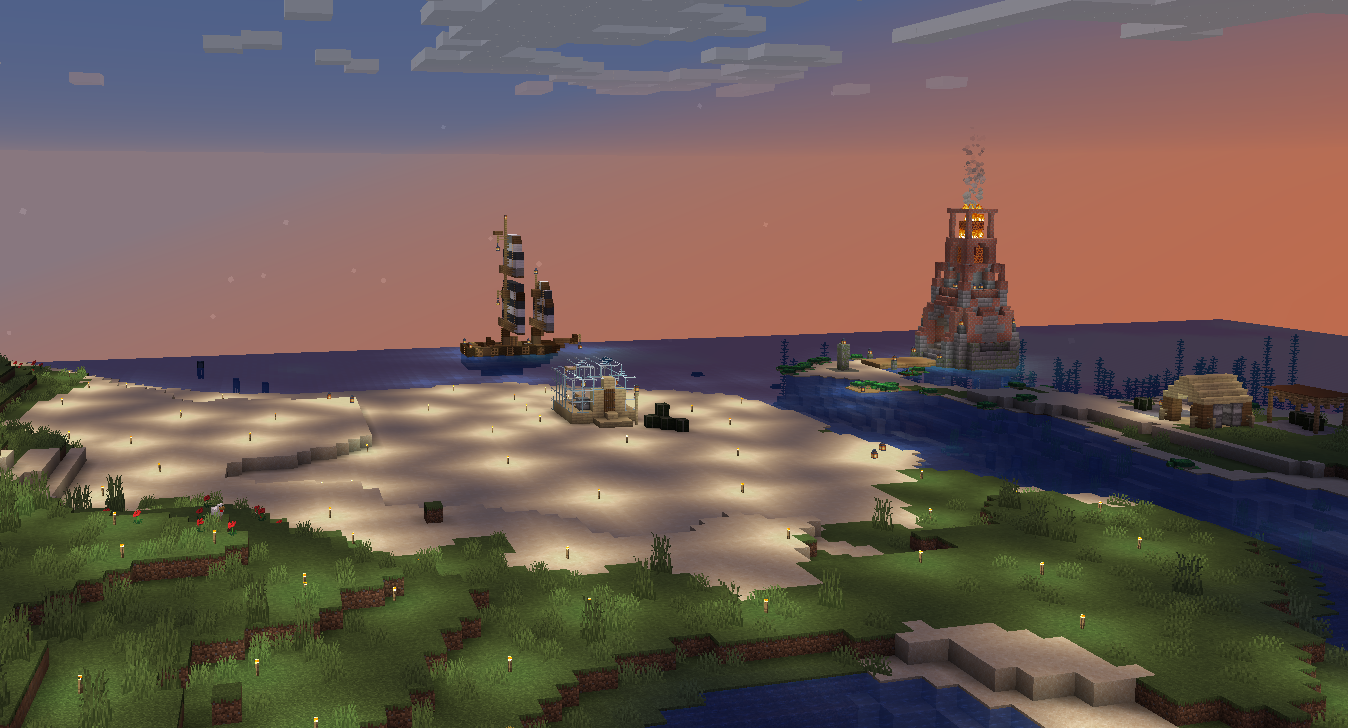 A third screenshot of my Minecraft server, showing the coast and a lighthouse and a boat.