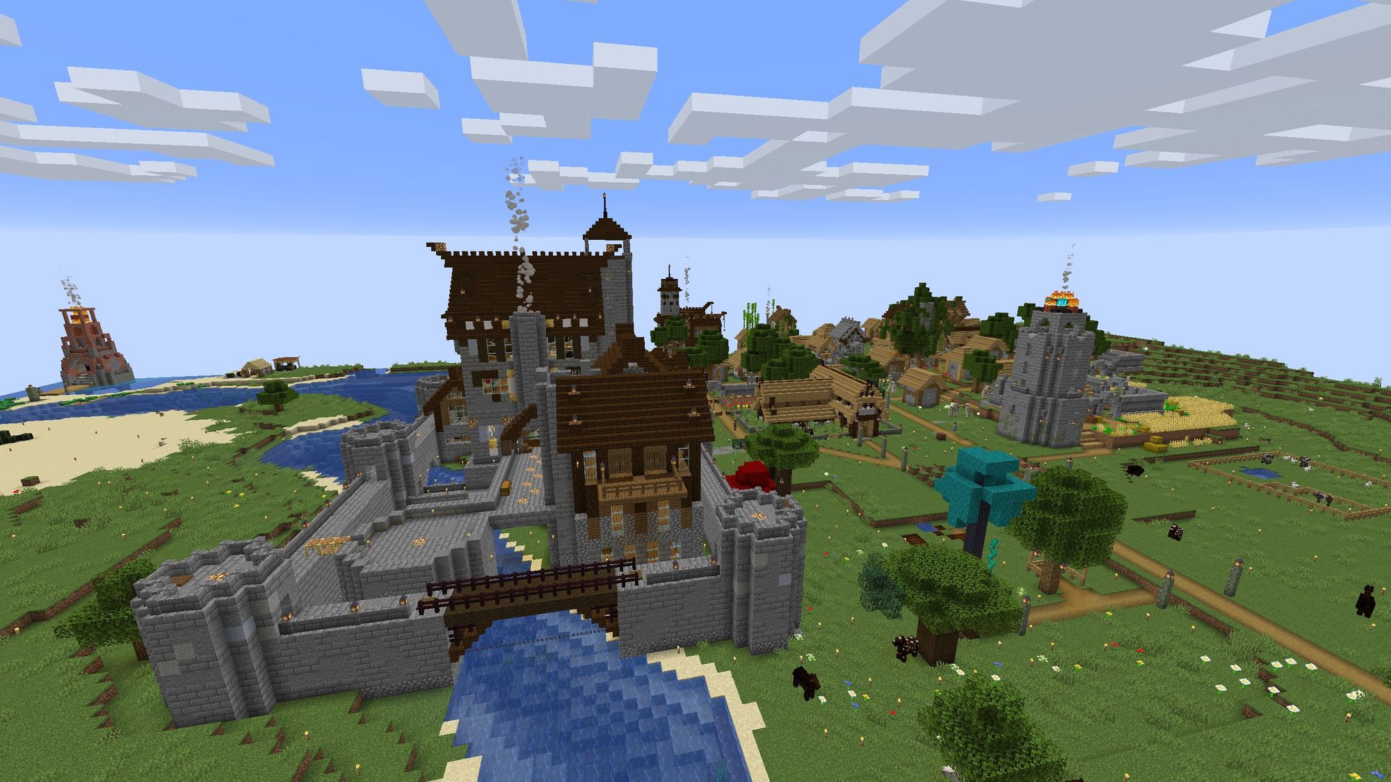 A second photo of a landscape of my Minecraft server, showing a castle under construction in the foreground.