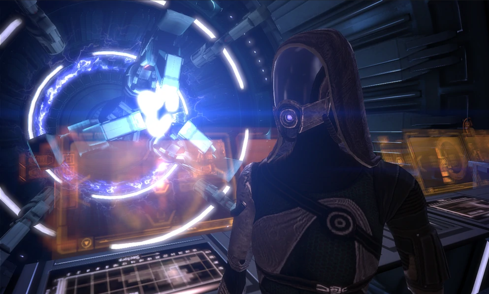 A screenshot of Tali helping out in the Normandy's mass effect core (engine room).