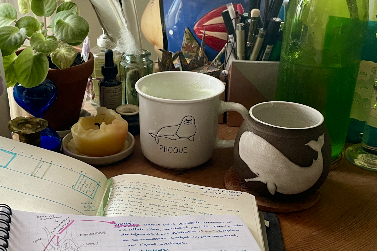 Sur une tasse de thé, un petit dessin de phoque, jeu de mot bilingue et très enfantin.