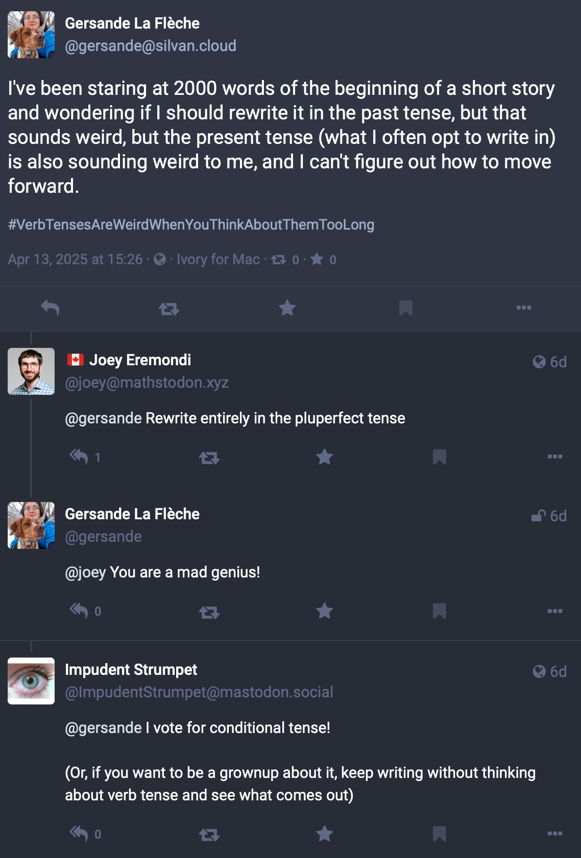 Capture d'écran des publications sur Mastodon.