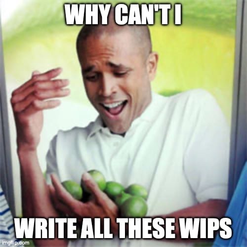 Le « Why Can't I Hold All These Limes » meme mais avec des projets d'écriture à la place.