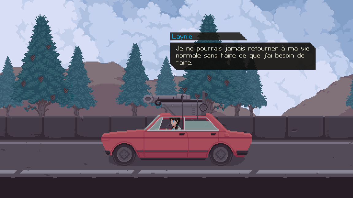 Une capture d'écran du jeu: Laynie (personnage principal) s'est emparé d'une machine qu'elle a attaché à sa voiture.