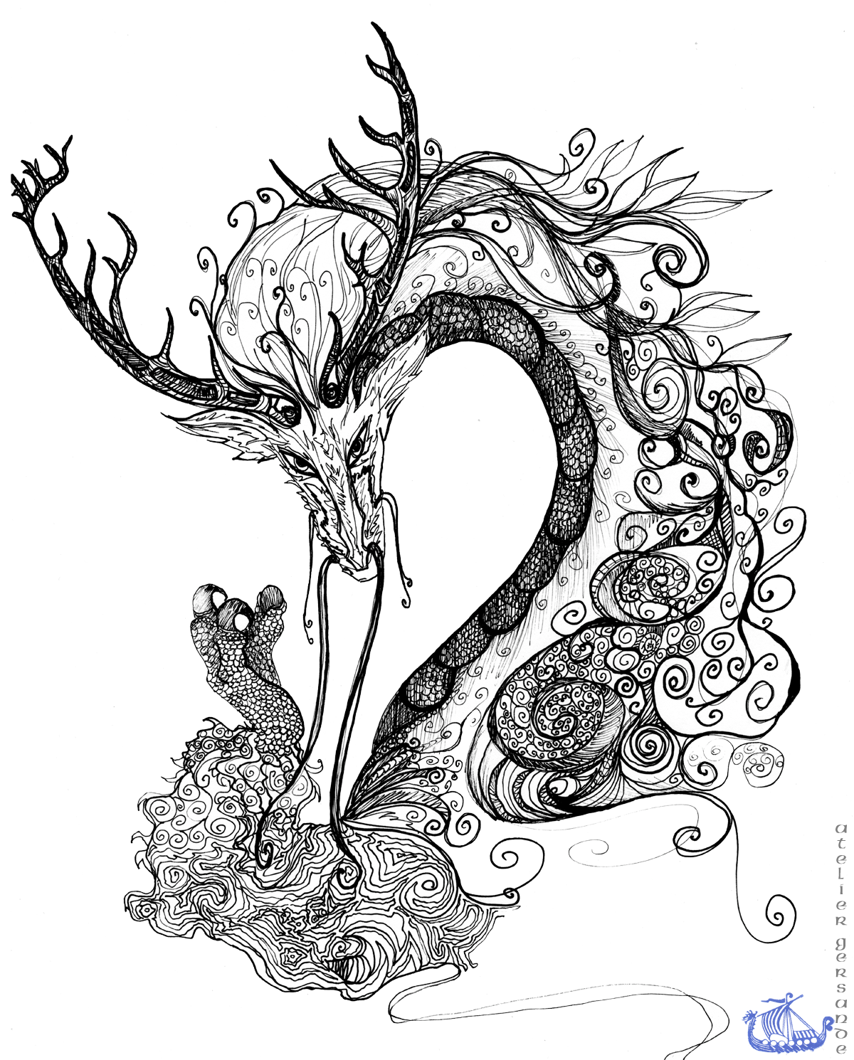 A drawing of a dragon with antlers and claws, and skin resembling seashells.